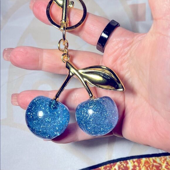 Sparkling Gold and Blue Cherry Keychain - Picture 3 of 4